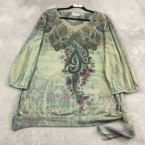 VTG Avenue Embroidered Tunic Top 18/20 Green Paisley Side Tie‎ Boho Y2K Hippie